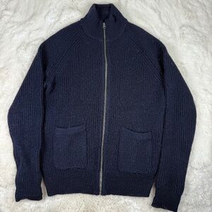 J. Crew Men's 100% Wool Sweater Jacket Zip Up Front Pocket Navy Blue Small